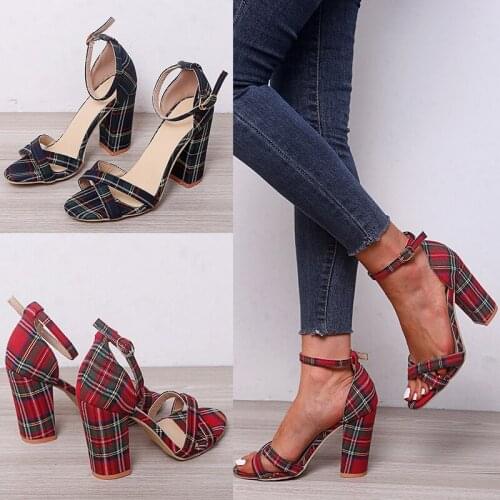 2020 Women Sandals Open Toe shoes Ladies classic Plaid Sandles Square heel Women Shoes Style comfortable Shoes Summer U23-21