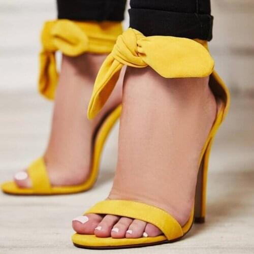 Women Summer Shoes 2018 Butterfly-knot Decor Bright Yellow High Heels Sandals Sexy Peep Toe Thin Strappie Concise Woman Shoes