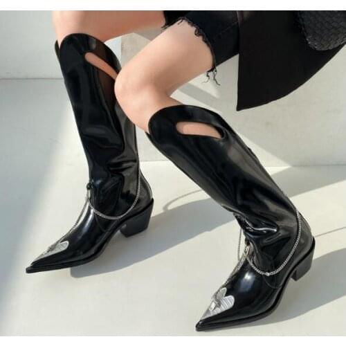 Women Black Genuine Leather Pointed Toe Metal Chains Hollow Out Tube Boots 6 cm Chunky Heels Heart Slip On Street Knight Boots