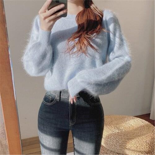 Comelsexy 2020 New Arrival Solid Mink Velvet Women Pullover O-neck Lantern Sleeve Female Sweaters Fashion Chic Womens Outfit