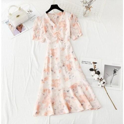 Floral Print Summer Dress 2021 Elegant A-line Sweet Party Vestidos Women Slim Short Sleeve V-Neck Mid-calf Chiffon Dresses