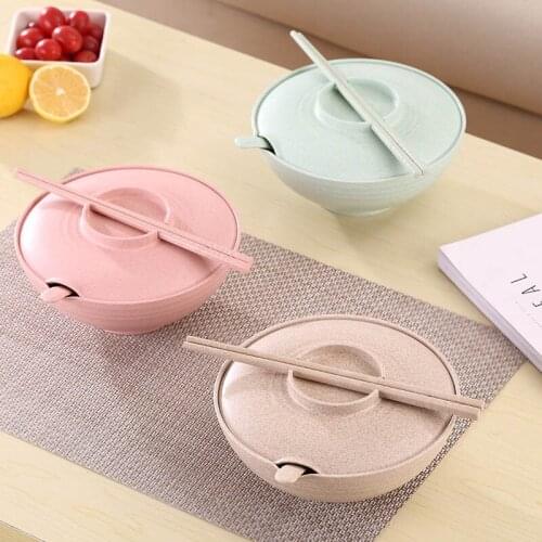 Wheat Straw Bowl Salad Instant Noodles Large Soup Bowl Household Tableware with Lid Chopsticks Spoon B1