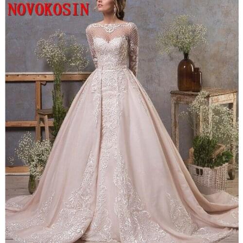 2019 Gorgeous Mermaid Wedding Dresses With Detachable Train Jewel Neck Lace Appliqued Long Sleeve Bridal Gowns Wedding Dress