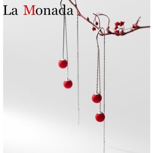 2020 925 Sterling Silver Drop Earrings Women Red Beads Long Tassel Ear Line Classic Geometric S925 Fine Jewelry Party