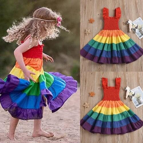 2021 Summer Dress Kawaii Baby Kids Girls Sleeveless Rainbow Striped Patchwork Party Cake Dress Kids Clothes Girls Платье Robe