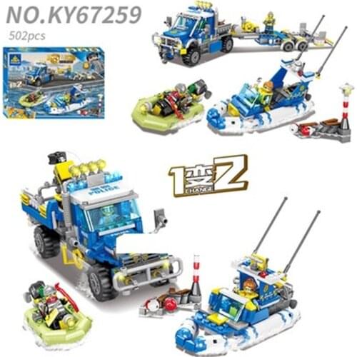 502pcs Kaizhi 67259 Motorized Marine Police Boat Car Boy Small Particle Assembled Building Block Toy Gifts