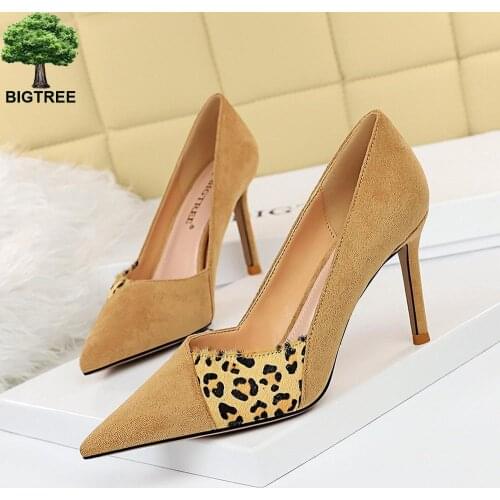 BIGTREE Fashion Flock Thin Heels Pumps Women Shoes Leopard Print Patchwork High Heels Sexy Ladies Luxury Shoes Women Designers