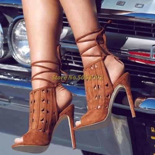 Womens Tan Slingback Hollow Out Strappy Heels Summer Boots Khaki Peep Toe Lace Up Open Toe Sandals Strappy Shoes Stiletto Heel