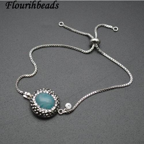 High Quality Natural Blue Amazonite Oval Gemstone Charm Slide Metal Chains Bracelet Fashion Party Jewelry