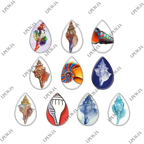 LPLWJA Sea Shell Snail/trumpet Beach Mixed Tear Drop Shape Glass Cabochon Printed Photo Demo Flat Back Making Jewelry Findings
