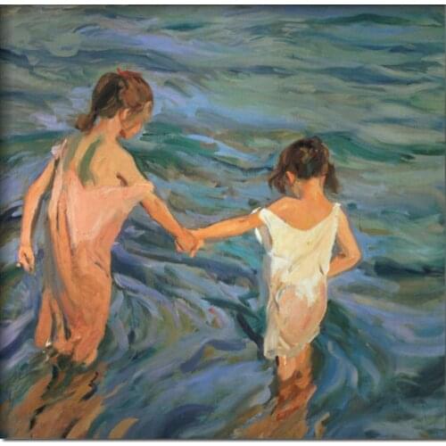 Paintings of children on beach sisters in the Sea Joaquin Sorolla y Bastida canvas High quality Hand painted