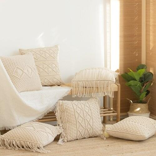 Hand-woven Geometric Pattern Cushion Cover Macrame Pillow Cover Home Decor Tassel Cushion Sofa