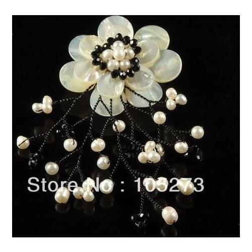 New Arriver Natural 3-20mm White Shell & Freshwater Pearl Crystal Beads Flower Pin Brooch + Pendant 60mm Fashion Wedding Jewelry