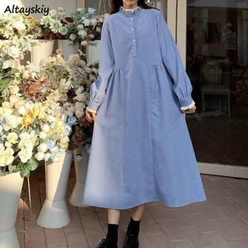 Solid Dresses Women Single Breasted Buttton Ruffled Collar Korean Style College Students Trendy Cute Elegant Female Ulzzang Ins