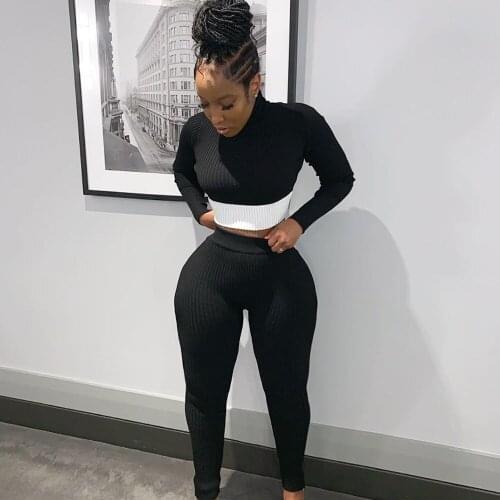 Autumn Winter Knitted Ribbed Two Piece Set Top and Pants Matching Sets for Women Turtleneck Bodycon 2 Piece Sets Womens Outfits