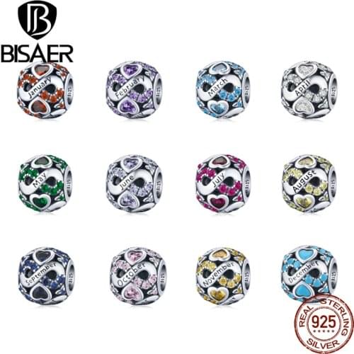 BISAER 925 Sterling Silver 12 Pcs Birthstone Beads Dazzling Charms For Necklace Bracelet DIY Jewelry Making Findings EFC508