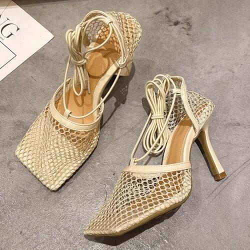 2021 Women Lace Sandals Solid 6cm High Heels Summer Shoes Female Square Toe Roman Lady Casual Cross Toe Heels Mesh Strap Shoes