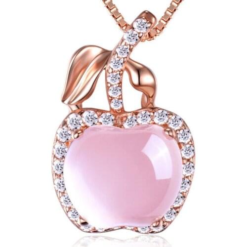 FYJS Unique Rose Gold Color Fruit Shape Pink Quartz Pendant with Rhinestone Necklace for Christmas Gift Jewelry