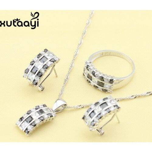 XUTAAYI Black Cubic Zirconia White Crystal Fashion Silver Jewelry Sets Superb Necklace Rings Earrings Wedding Jewelry