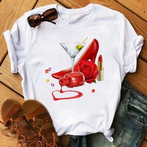 Women T Shirt Wine Glass and Nali Art Heart Print Black Tshirt Female T-shirt Fashion Short Sleeve Tee Tops Harjauku Cute Tshirt