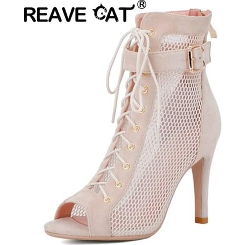 REAVE CAT New 2021 Women Sandals Peep Toe 9.5cm High Block Heels Mesh Flock Zip Buckle Breathable Sexy Stylish Big Size 46 A3763