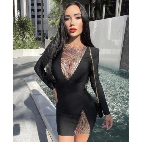 Women Winter Sexy Long Sleeve O Neck Mesh Diamonds Black Mini Bodycon Bandage Dress 2021 Elegant Evening Party Dress Vestidos