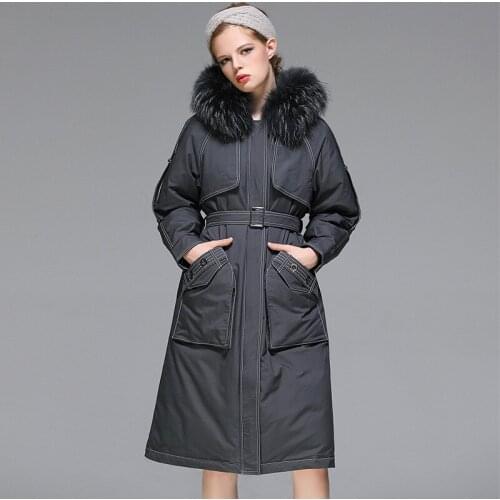 Down jacket womens middle and long large hair collar 90 white duck down Korean thickened style overcomes womens coat