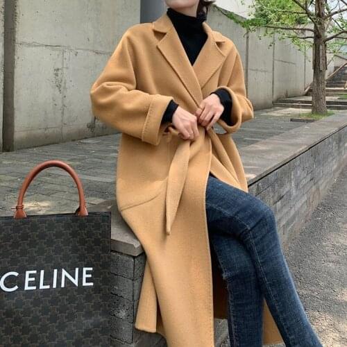 2021 autumn winter new pure handmade double-sided cashmere coat womens medium long 100% wool loose thickened wool coat