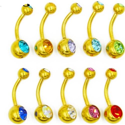 1pc Gold Titanium Anodized CZ Crystal Double Gem Steel Belly Button Ring Navel Stud Body Piercing Jewelry 14g