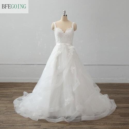 Ivory Tulle Lace Sweetheart Spaghetti Straps Bridal gown Floor-Length Wedding dress Chapel Train Custom made