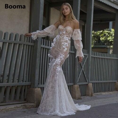 Booma Sweetheart Lace Mermaid Wedding Dresses Detachable Sleeves Flowers Trumpet Bridal Gowns Backless Long Bride Dresses