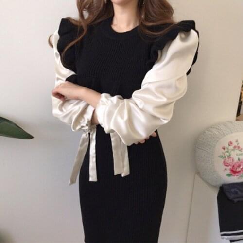 Chic French Vintage Ruffles Splicing Puff Long Sleeve Fake Two Pieces Slim Fit O Neck Long Knitted Dress Fall Winter Fashion