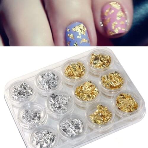 12PCS Nail Art Stickers Adhesive Gold Silver Paillette Flake Foil DIY 3D Design Nails Decals Wraps Manicure Decoration Tool 1211