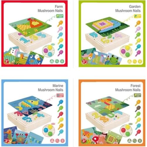 240pcs 3D Mushroom Nail Intelligent Puzzle Games With Wood Storage Box Mosaic Peg Board Jigsaw Puzzle Kids DIY Educational Toys