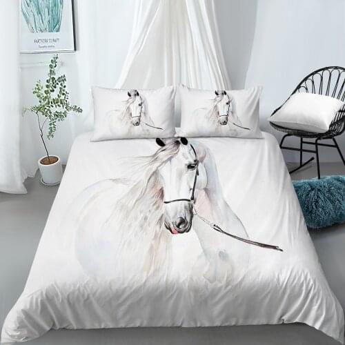 3D White Bedding Set Horse Quilt Cover Set Animal Comforter Covers Pillow Cases King Queen Super King Twin Full Size180*200cm