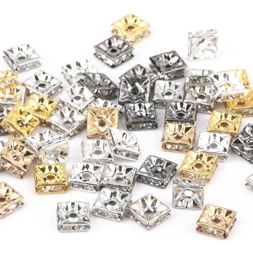 50pcs Gold/Silver Plated Square Rhinestone Rondelle Crystal Big Hole Spacer Beads for DIY Jewelry Making Accessories Supplies