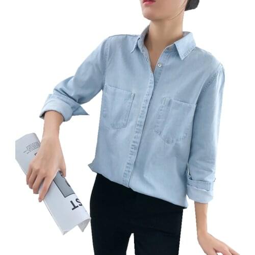 New spring Autumn women Basic Style cotton pocket Turn-down Collar Long sleeves all-match blouse blue Denim shirt casual tops