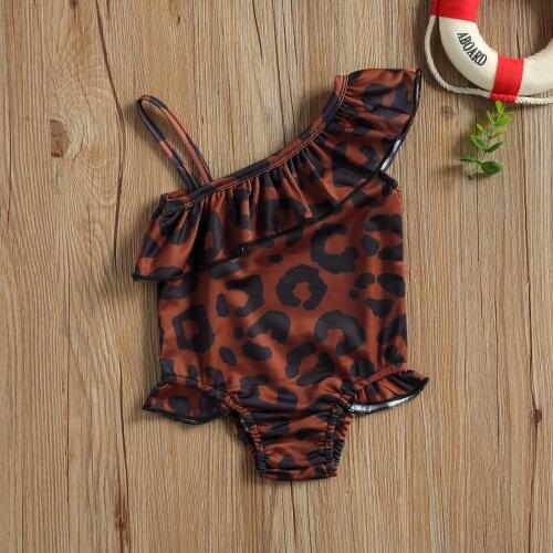 Brand New Toddler Baby Girls One-Piece Leopard Swimsuit Spaghetti Strap Oblique Shoulder Ruffle Trim Bodysuit Swimwear