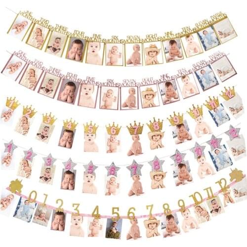 Baby 1st Birthday Boy Girl 12 Month Photo Banner One Year Party Photo Bunting Garland Kids First Birthday Boy Party Decoration
