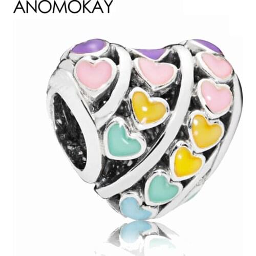 Hot Multi-Color Rainbow Love Heart Charm Mix Color Rainbow Enamel Beads fit Original Bracelet Bangle Necklace for DIY Jewelry
