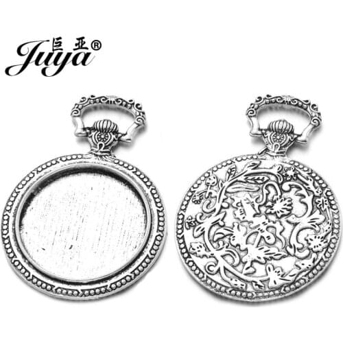 JUYA Flower Carved Bronze Vintage Cabochons Blanks 2pcs/lot Fix 30mm Cameo Round Pendant Tray Cameo Cabochon Base Setting AD0037