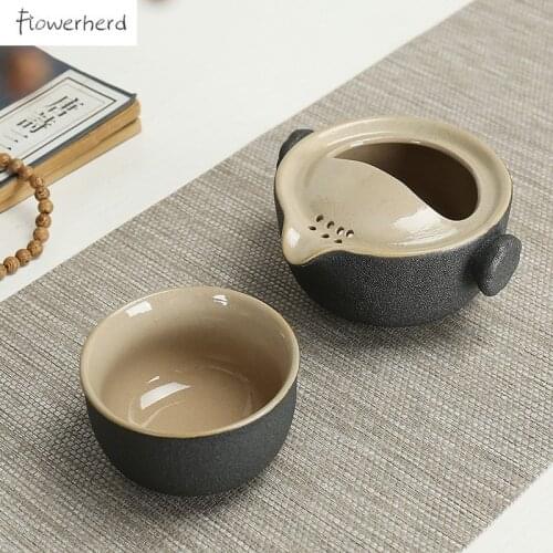 Ceramic Travel Kung Fu Tea Set Teaware Black Pottery One Teapot and One Teacup Portable Chinese Tea Set Tea Pot and Cup Set