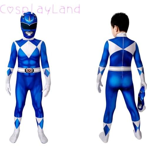 Kids Blue Ranger 3D Printed Jumpsuit Helmet Children Halloween Carnival Superhero Billy Cosplay Costume Boys Zentai Bodysuit