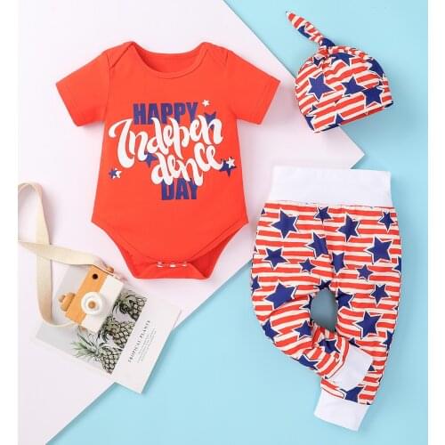 2021-04-02 Lioraitiin 3Pcs Set 0-18M Infant Baby Boy Independence Day Clothing Red Letter Romper Top Long Pant Hat Outfit