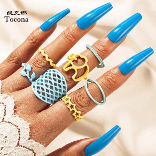 Tocona 7pcs/sets Colorful Elephant Flowers Joint Ring Sets for Women Statement Wave Cross Geometric Jewelry Anillo 18397