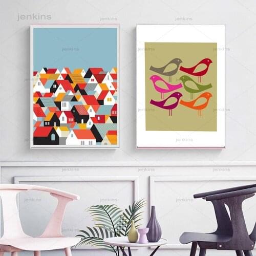 Colourful House Canvas Painting Nordic Style Bird Posters and Prints Modern Pictures for Living Room On The Wall Art Home Decor
