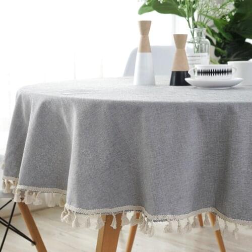 Japan style Cotton Round Tablecloth Beige White Tassel Hem Dining Table Cloth Washable Fabric Table Cover for Outdoor Party
