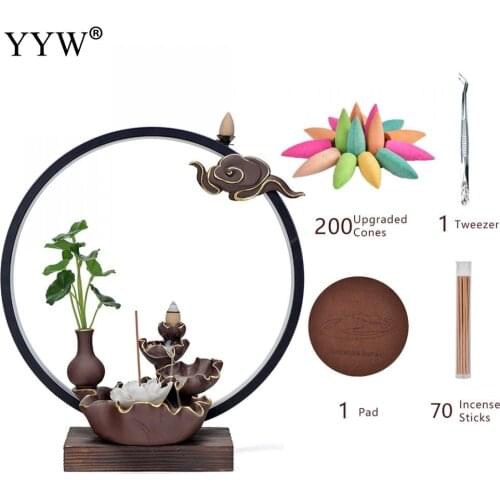 Lotus Leaf Backflow Incense Burner Zen Chinese Style With Led Light 200 Cones+70 Incense Stick Free For Home Or Office Decora