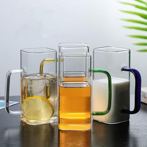 Glass Cup Household Heat Resistant Water Cup Transparent Thickened Office Teaup Creative Square with Handle Coffee Mug