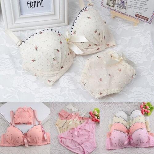 Hot Fashion Women Girls Sweet Floral Print Lingerie Bras Briefs Set Adjustable Bras Bow Push-up Bras Underwear 2pcs New Arrivals